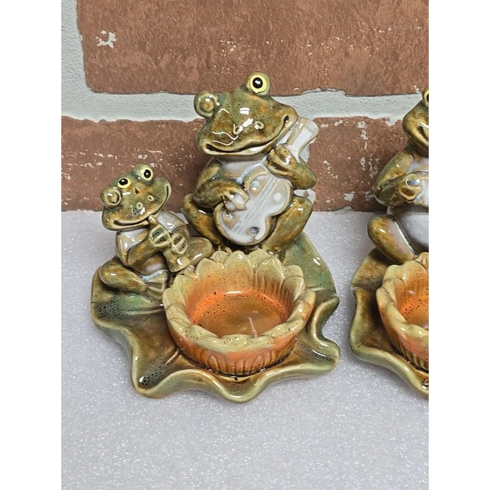 Frogs Toads Votive Candle‎ Holder Playing Instruments on Lily Pad Ceramic Lot 2